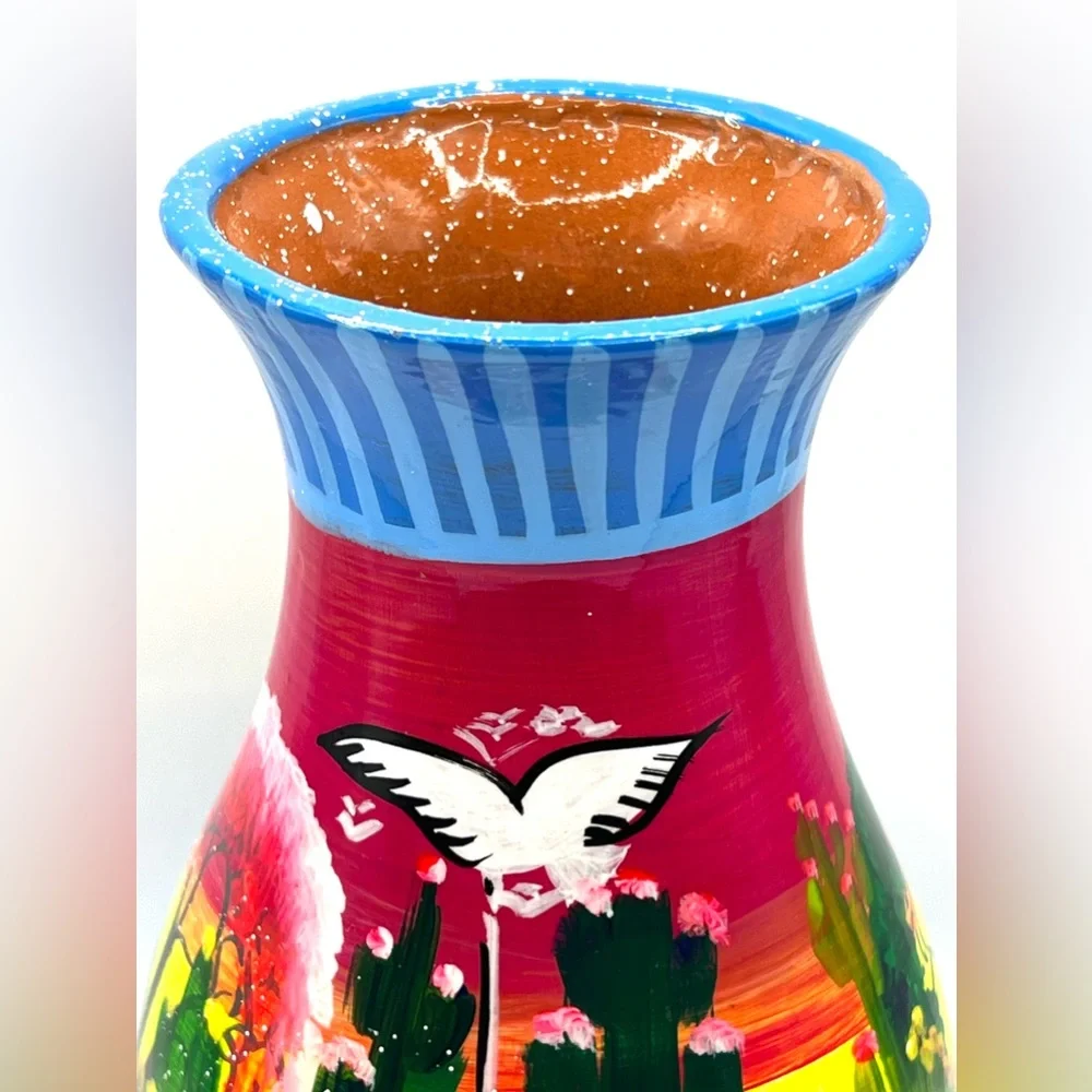 Mexican Talavera Folk Art Handpainted Colorful Flower Decorative Vase 8.5 in